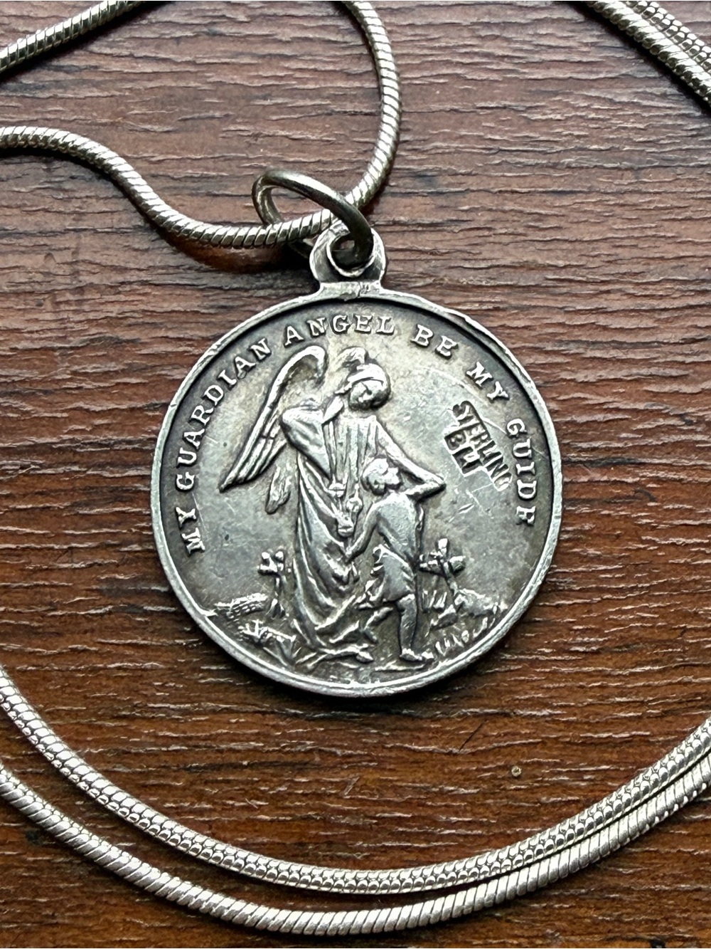 Vintage Sterling Silver Guardian Angel Religious Medal Pendant on Chain Necklace